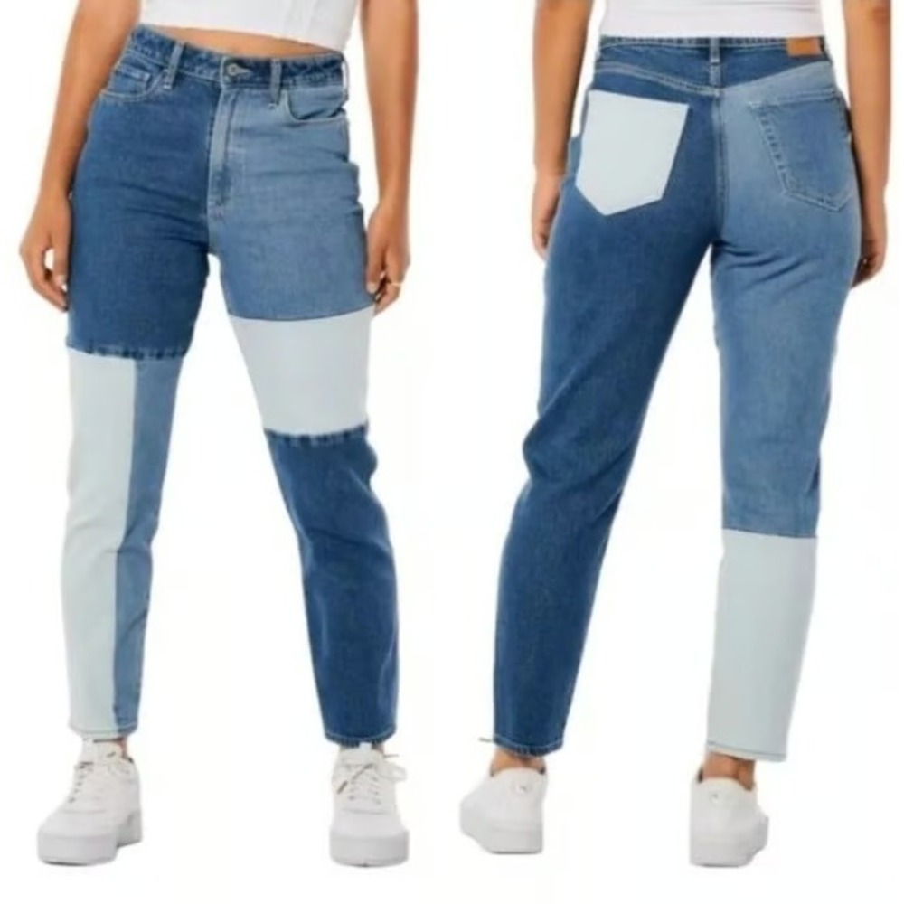 Hollister Mom Jeans Womens 28 Blue Grunge 90s Patchwork Denim Ultra High-Rise